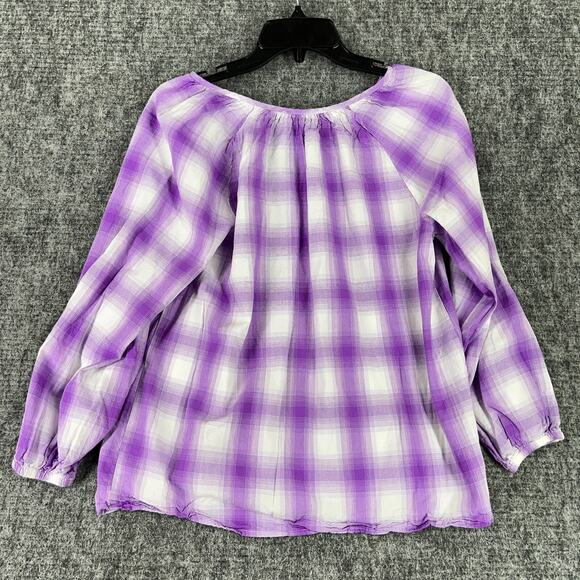 Loft Shirt Womens S Purple Plaid V-Neck Puff Sleeve Peasant Cottagecore Flowy - Picture 2 of 8